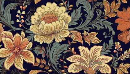 Elegant Vintage Floral Ornament A Timeless Seamless Design Showcasing a Blend of Rich Hues and Stunning Foliage Against a Dark Background, Perfect for Digital Art, Home Decor, or Inspiring