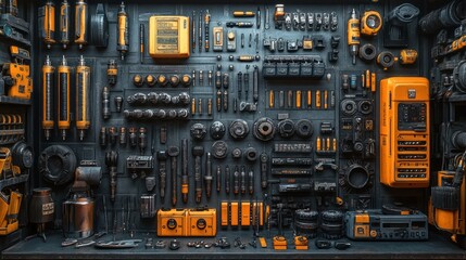 Fototapeta premium Futuristic Workshop: A Wall of Advanced Tools and Gadgets