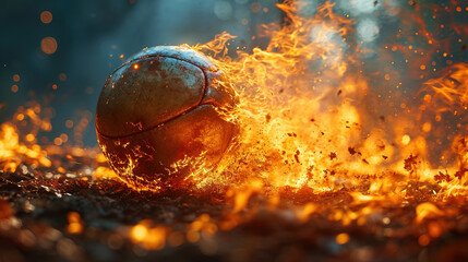 Foot Ball On The Ground With Fire