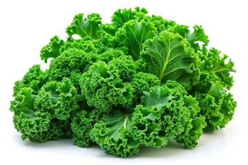 Organic GREEN Curly Kale Leaves Fresh Healthy Vegetable Superfood Vitamin Salad Isolated White Background Closeup