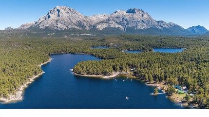 Naklejka premium Serene mountain lake nestled amidst a lush forest, offering breathtaking views of majestic peaks under a clear sky.