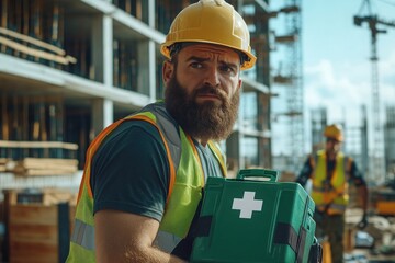 A worker with a beard wearing a hard hat and reflective safety vest stands ready with a green first aid kit, while construction workers in the background continue their work at the site   
