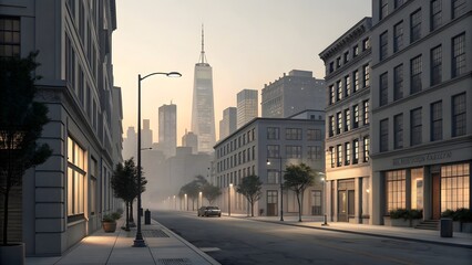 Fototapeta premium Serene City Street Dawn Urban Landscape Foggy Morning Skyscrapers