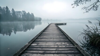Fototapeta premium Serene Foggy Lake Wooden Dock Pathway Nature