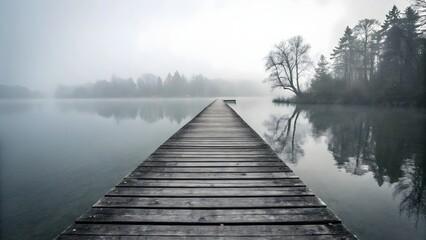 Serene Foggy Lake Wooden Dock Misty Nature Calm Waters