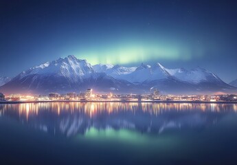 A beautiful view of the town with mountains in the background, the aurora borealis lighting up the sky, the city lights reflecting on the water, high resolution, high quality, high detail, hyper-reali