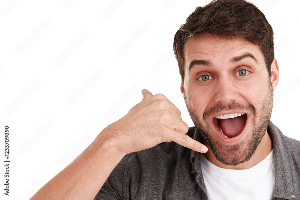 Aufkleber Man, call me and smile with hand gesture in studio portrait with mock up space, network or emoji by white background. Person, model and phone symbol for contact, communication and happy in Australia