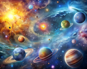 Vast space scene with planets. nebula. and stars.