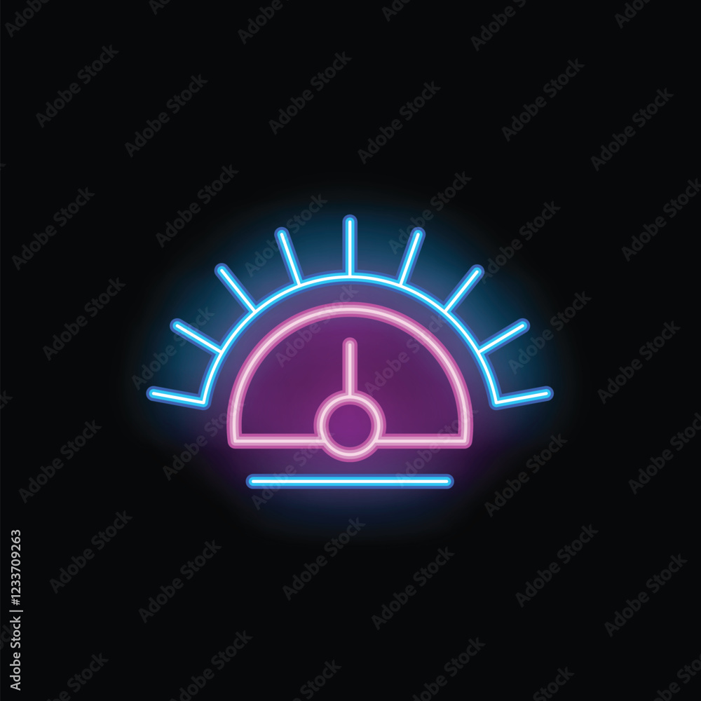 Aufkleber neon sign representing a speedometer showing progress on black background