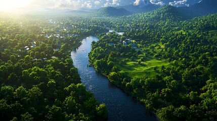 Aerial View of Lush Tropical River Valley