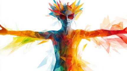 An abstract elf with fragmented, colorful geometric shapes forming its attire, giving a surreal look, isolated on white