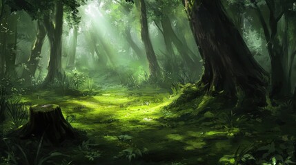 Obraz premium Serene Sunlit Forest with Lush Greenery and Gentle Shadows