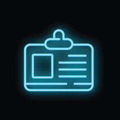 Fototapeta premium Blue neon icon of an id card glowing on a dark background