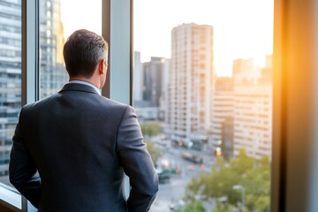 Fototapeta na wymiar Businessman city view sunset success planning