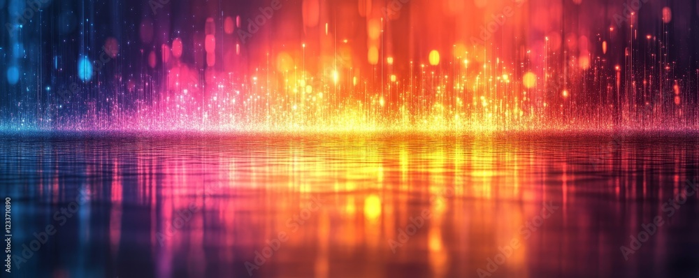 Poster an abstract background with colorful lights and glowing particles, creating an ethereal and mesmeriz