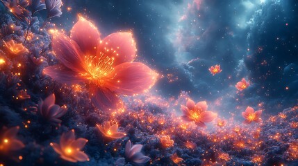 Fototapeta premium Glowing Orange Flowers Set Against a Starry Cosmic Background