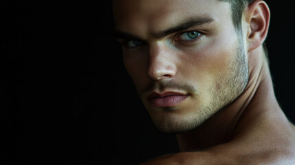 Obraz premium A close-up shot of a fit young man, his muscular shoulder and sharp jawline highlighted by soft directional lighting