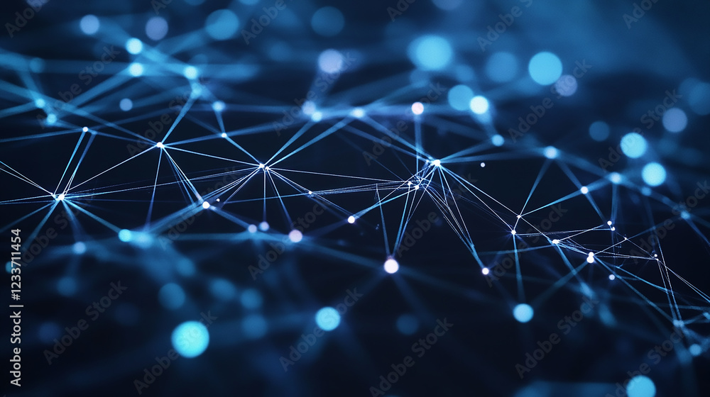 Poster a digital representation of global communication networks, showcasing interconnected nodes and data 