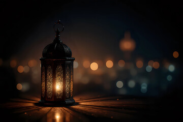 Fototapeta premium Ornamental Arabic lantern with burning candle glowing at night background. Festive greeting card, invitation for Muslim holy month Ramadan Kareem