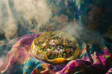 Vibrant and Flavorful Dish Served on Colorful Textile Surrounded by Ethereal Smoke in Artistic Food Photography Setting
