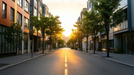 Obraz premium Serene Urban Street at Sunset with Trees and Vibrant Sky