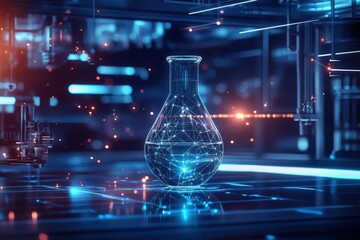 Holographic flask glowing within a digital research lab, emitting quantum data flows that interact with AI-driven systems, demonstrating the integration of machine learning in revolutionary scientific