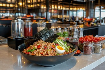 Fototapeta premium Vibrant Asian Cuisine Display with Fresh Ingredients and a Delicious Noodle Bowl Garnished with Egg and Seaweed at a Modern Restaurant