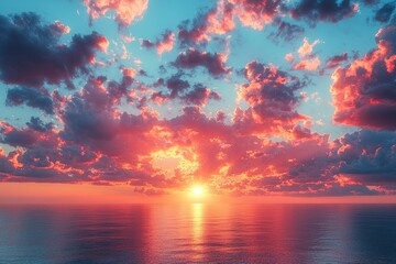 Fototapeta premium A vibrant sunset over the ocean, illuminating the sky with colorful clouds.