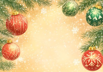 Christmas background with red and green Christmas ornaments, snowflakes, a tree on the right side, and golden lights bokeh in the background. 