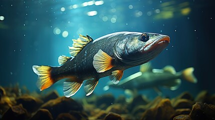 Fototapeta premium Closeup of a walleye fish swimming underwater inside a freshwater lake HD 8K wallpaper Photographic Image