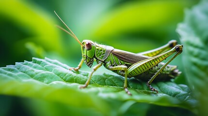 Fototapeta premium Close-up of a vibrant green grasshopper perched on a lush green leaf.