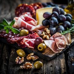 A charcuterie board with cured meats, artisan cheeses, olives, nuts, and fresh grapes, arranged on a wooden board