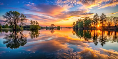 Fototapeta premium atmosphere, ambiance, scenery, serene, peaceful, reflection, landscape, outdoor, nature, sunset, lake, calm, natural light, natural world, forest, tranquility, water, sky, sunrise, river, sun, tree, c