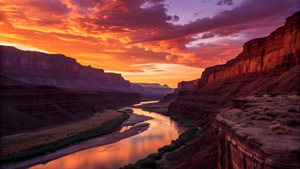 Fototapeta premium Fiery Canyon Sunset River Cliffs Dramatic Sky