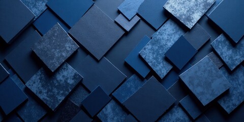 Close-up of dark blue, textured tiles laid diagonally; subtle overlaps create depth and intrigue on the surface