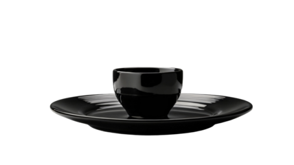 cup of coffee, black plate isolated on transparent white background