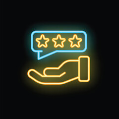 Neon sign of an open hand holding a speech bubble with a five star rating, concept of customer satisfaction