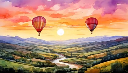 A dreamy watercolor painting of a majestic hot air balloon floating above a golden valley at sunset