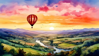 Obraz premium A dreamy watercolor painting of a majestic hot air balloon floating above a golden valley at sunset