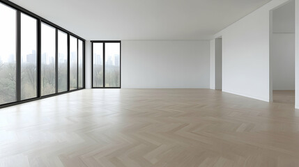 Fototapeta premium Empty modern apartment, city view, hardwood floor, real estate