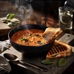 A bowl of creamy tomato basil soup with a grilled cheese sandwich on the side, steam rising, cozy comfort food, warm tones