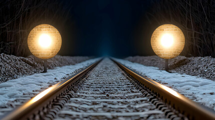 Night train tracks vanishing point, snowy winter scene