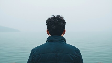 Fototapeta premium A contemplative person gazes into a serene foggy landscape.