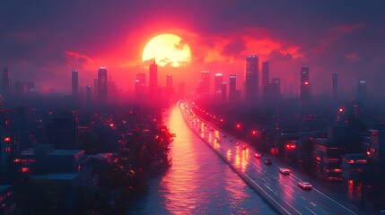 Cityscape sunset highway red sky urban fantasy art