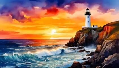 Fototapeta premium A stunning watercolor depiction of a lonely lighthouse standing tall on a rugged cliffside
