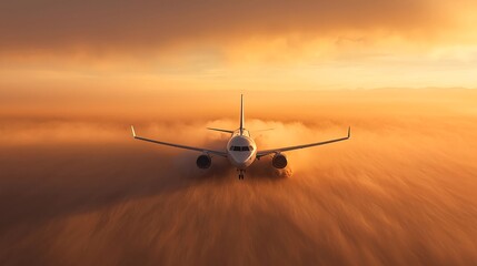 Obraz premium Airplane Flying Through Orange Sunset Clouds