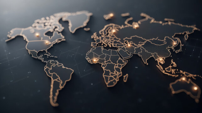 Supply Chain Security Risks and Vulnerabilities. A modern digital world map with glowing connections and a dark background.
