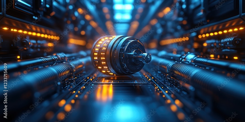 Poster futuristic technology: glowing machine core in a sci-fi setting