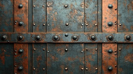 A weathered metal surface with rivets and textures, forming an industrial background