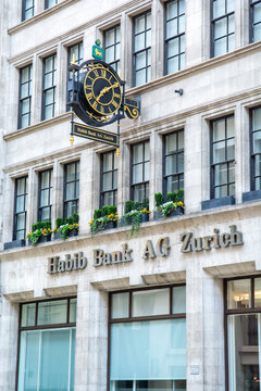 London, UK - May, 7, 2023 : Habib Bank AG Zurich branch in London. Habib Bank AG Zurich is a Swiss multinational commercial bank based in Z&uuml;rich, Switzerland.